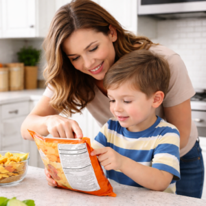 a mum and her kid looking at a snack pack