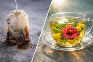 Diagonal split image showing a soggy used tea bag on stone contrasted with a clear glass cup of fruit and herbal tea with green leaves, hibiscus, mango, and pineapple, representing the shift to edible wellness tea.