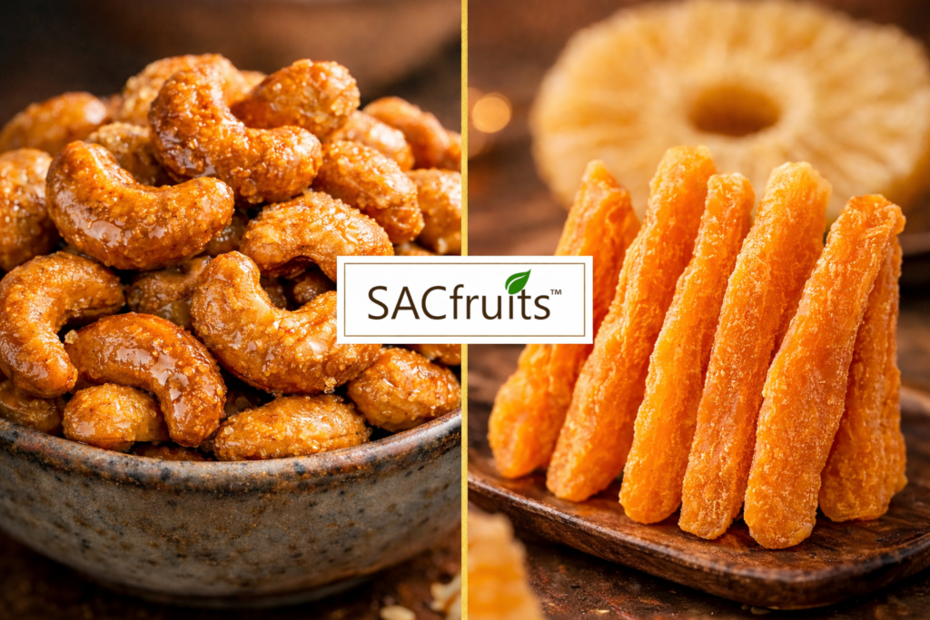 SACFruits Organic Tropical Fruit and Nut Medley with Mango, Pineapple, and Honey Cashews.